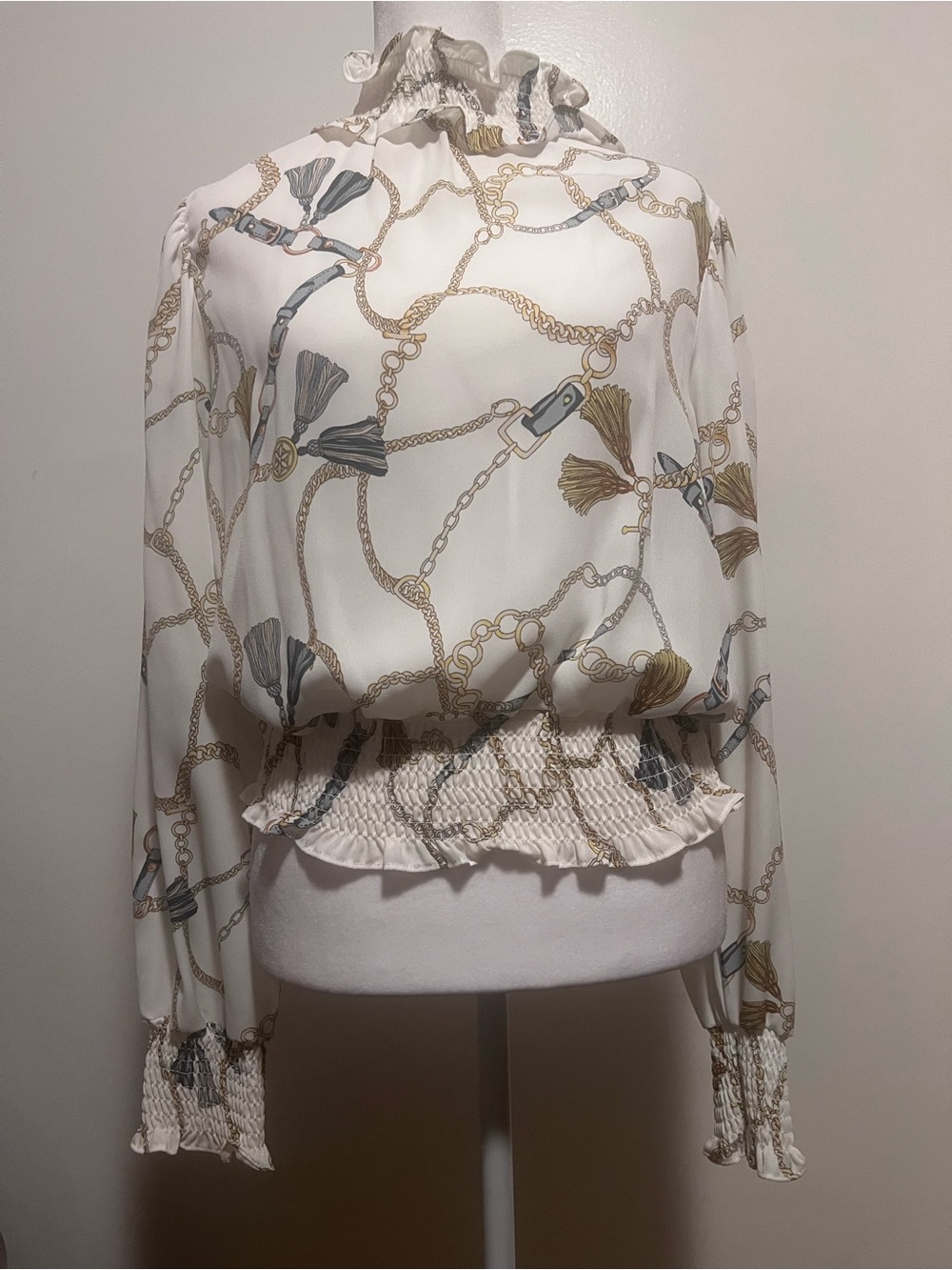 Fashion Nova Ivory Chain & Tassel Print Smocked Waist Blouse